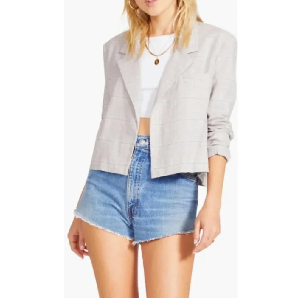 NWT BB Dakota Plaid Me At Hello Oversized Crop Linen Blazer